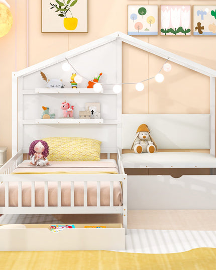 Giantex Twin House Bed for Kids, Wooden Kids Twin Bed Frame with Padded Bench