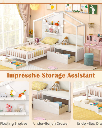Giantex Twin House Bed for Kids, Wooden Kids Twin Bed Frame with Padded Bench