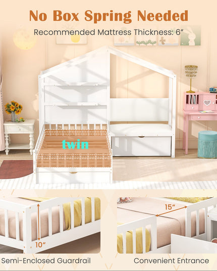 Giantex Twin House Bed for Kids, Wooden Kids Twin Bed Frame with Padded Bench