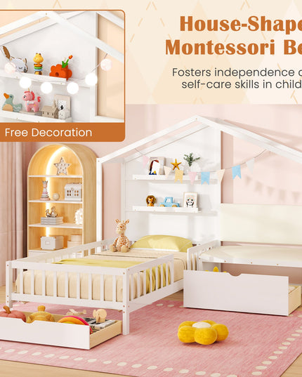 Giantex Twin House Bed for Kids, Wooden Kids Twin Bed Frame with Padded Bench
