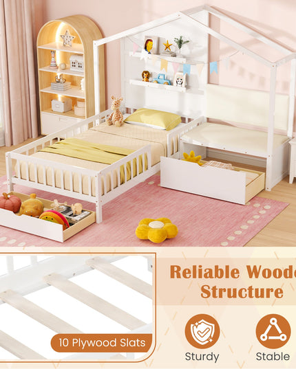 Giantex Twin House Bed for Kids, Wooden Kids Twin Bed Frame with Padded Bench