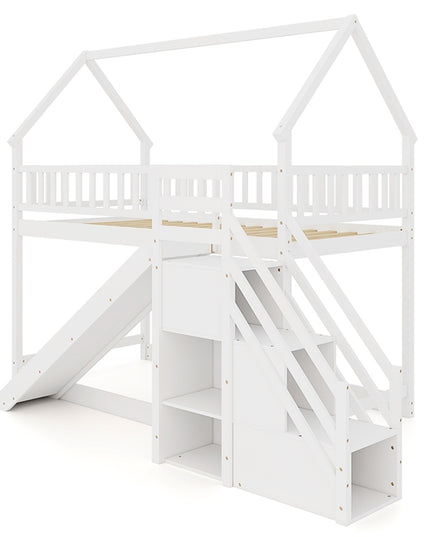 Giantex House Bunk Bed Twin Over Twin with Slide & Stairs for Kids Teens