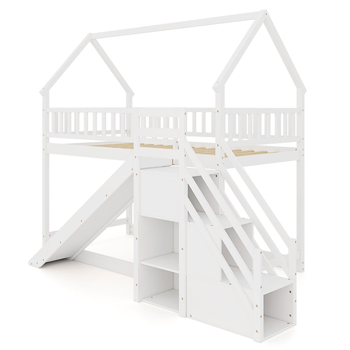 Giantex House Bunk Bed Twin Over Twin with Slide & Stairs for Kids Teens