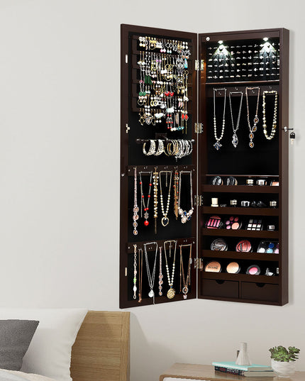 Wall/Door Mounted Jewelry Armoire Organizer with 2 LED Lights