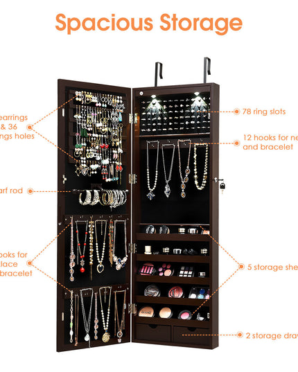 Wall/Door Mounted Jewelry Armoire Organizer with 2 LED Lights