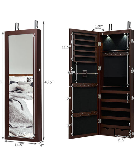 Wall/Door Mounted Jewelry Armoire Organizer with 2 LED Lights