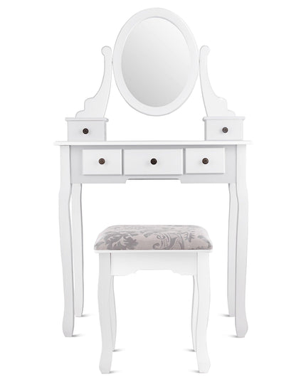 Vanity Set with Oval Mirror and 5 Drawers Girls Women Makeup Organizer Table, White - Giantexus