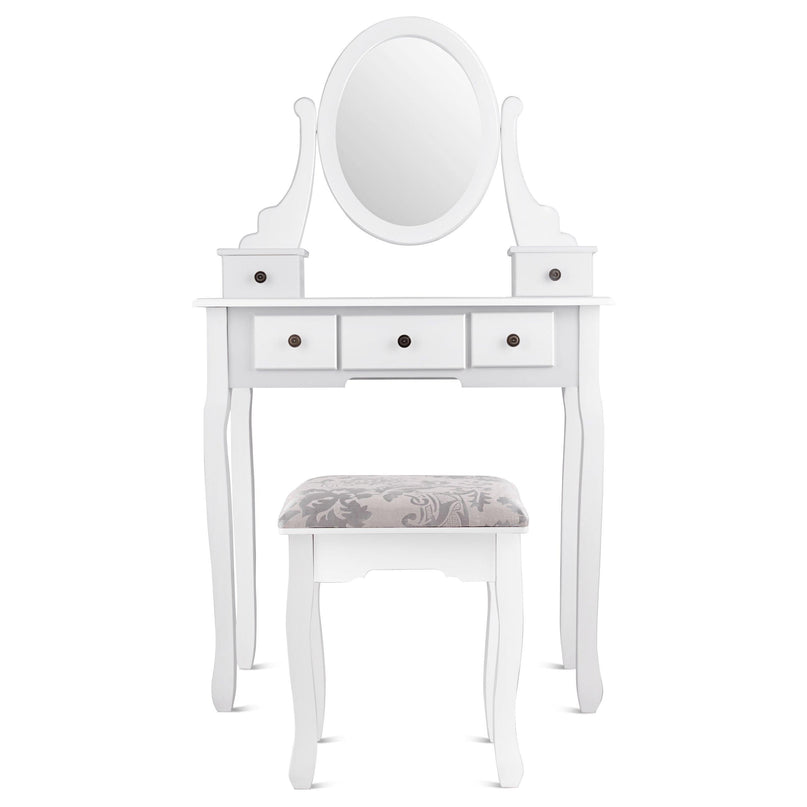 Vanity Set with Oval Mirror and 5 Drawers Girls Women Makeup Organizer Table, White - Giantexus