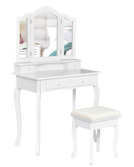 Vanity Table Set with Tri-Folding Mirror and 4 Drawers - Giantexus