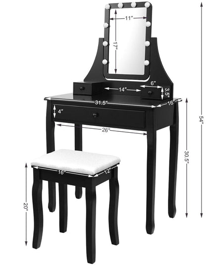 CHARMAID | Vanity Set with Lighted Mirror, Makeup Dressing Table with 10 LED Dimmable Bulbs, Touch Switch, 3 Drawers 2 Dividers - Giantexus