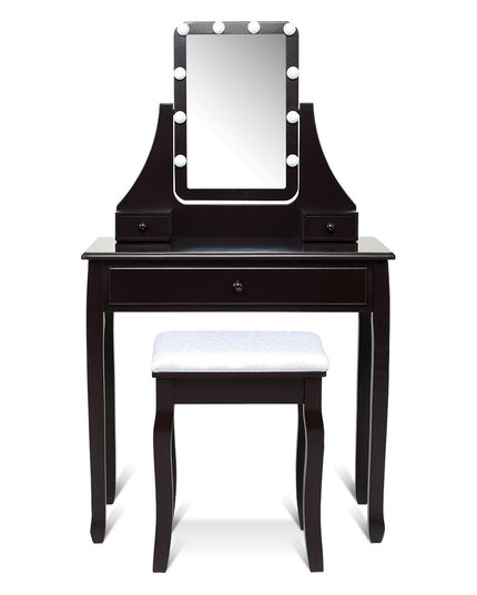 CHARMAID | Vanity Set with Lighted Mirror, Makeup Dressing Table with 10 LED Dimmable Bulbs, Touch Switch, 3 Drawers 2 Dividers - Giantexus