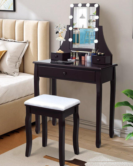 CHARMAID | Vanity Set with Lighted Mirror, Makeup Dressing Table with 10 LED Dimmable Bulbs, Touch Switch, 3 Drawers 2 Dividers - Giantexus