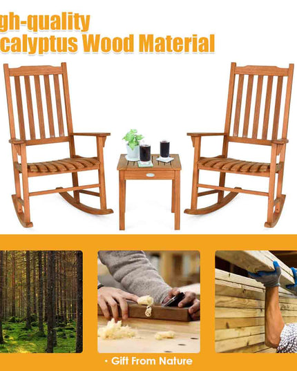 Rocking Chair 3 Piece Set Wooden W/ Two Wood Conversation Chairs and Accent Table