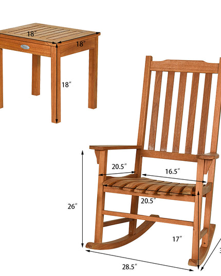 Rocking Chair 3 Piece Set Wooden W/ Two Wood Conversation Chairs and Accent Table