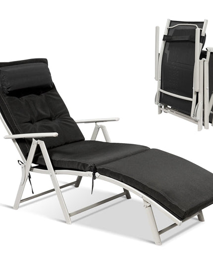 Pool Folding Reclining Beach Chair W/Removable Cushion&Headrest Pillow