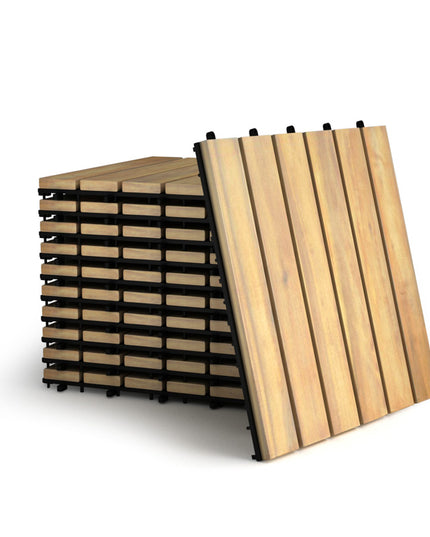 Giantex 27 PCS Interlocking Patio Deck Tiles, 12 x 12in Acacia Hardwood Floor Tiles, Tools Free Assembly