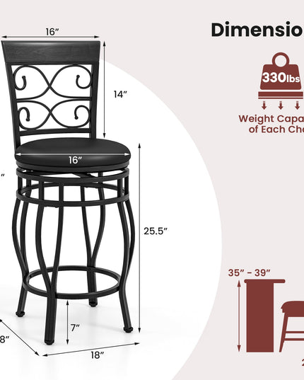Giantex 26" Swivel Bar Stools Set of 2/4, Counter Height Bar Stools with Back, Upholstered PU Leather Seat, Black