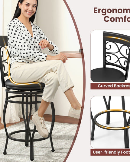 Giantex 26" Swivel Bar Stools Set of 2/4, Counter Height Bar Stools with Back, Upholstered PU Leather Seat, Black