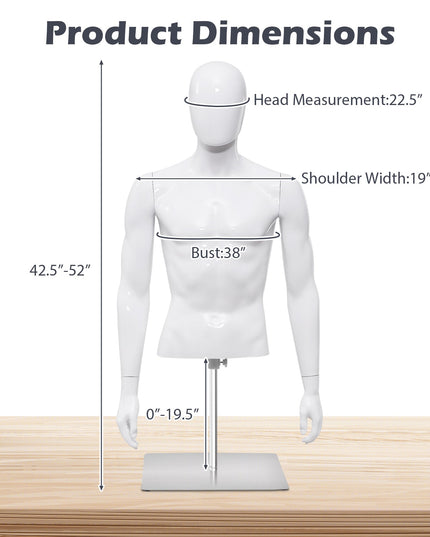 Giantex Male Mannequin Torso Adjustable Height Detachable Arms Dress Form Display w/Metal Stand, Bright White