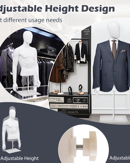 Giantex Male Mannequin Torso Adjustable Height Detachable Arms Dress Form Display w/Metal Stand, Bright White