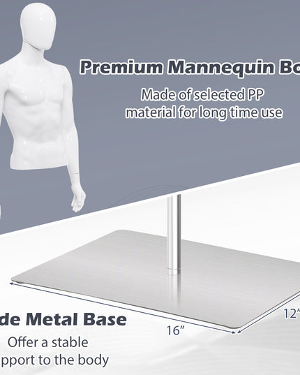 Giantex Male Mannequin Torso Adjustable Height Detachable Arms Dress Form Display w/Metal Stand, Bright White