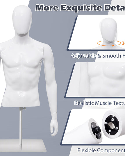 Giantex Male Mannequin Torso Adjustable Height Detachable Arms Dress Form Display w/Metal Stand, Bright White