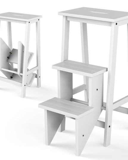 3 Tier Folding Step Ladder, Multifunction 3-in-1 Wood Step Stool
