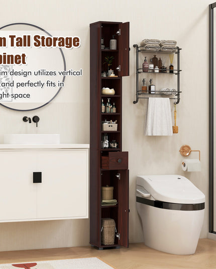 Giantex Slim Bathroom Storage Cabinet - 71" Tall Narrow Floor Cabinet Cupboard with 2 Doors, 5 Adjustable Shelves, 1 Drawer