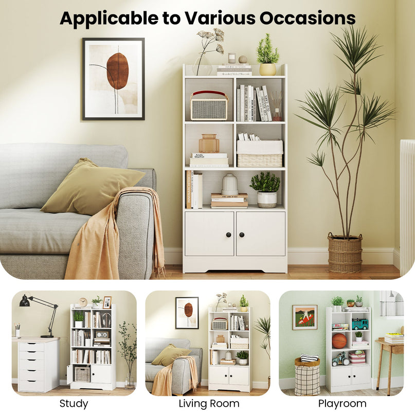 Giantex 4-Tier Bookcase with Doors, 47.5'' Tall Freestanding White Bookshelf with 3 Shelf