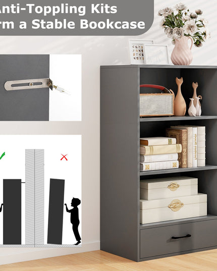 Giantex 4 Tier Bookcase with Drawer, 48" Tall Floor Standing Organizer Display Storage Shelves with Anti-toppling Device