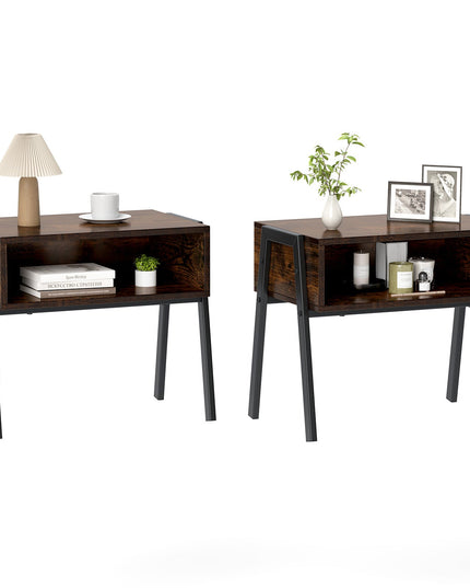 Giantex Stackable End Table Set of 2, Compact Nightstands w/Metal Frame & Open Compartments