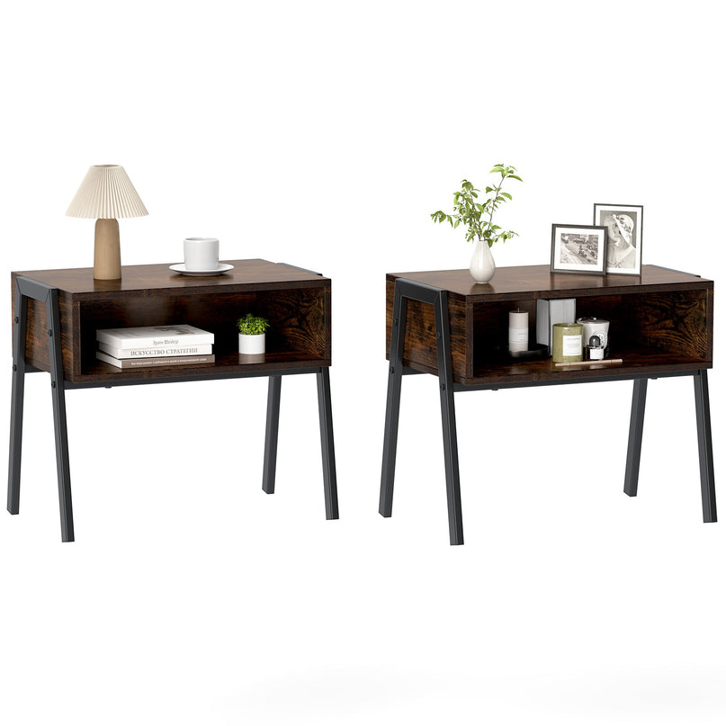 Giantex Stackable End Table Set of 2, Compact Nightstands w/Metal Frame & Open Compartments