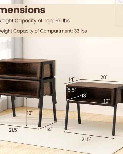 Giantex Stackable End Table Set of 2, Compact Nightstands w/Metal Frame & Open Compartments