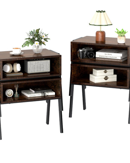 Giantex Stackable End Table Set of 2, Compact Nightstands w/Metal Frame & Open Compartments