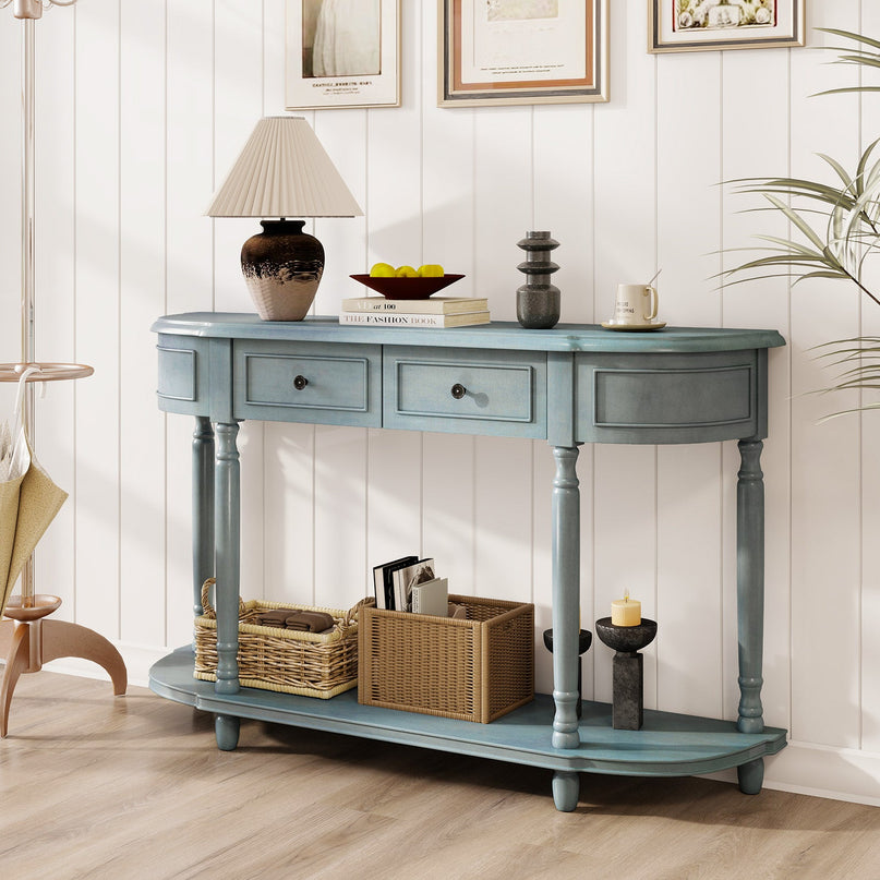 Giantex Console Table with Storage, 52” Long Sofa Table with 2 Drawers, Open Shelf, Solid Wood Legs