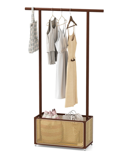 Portant à vêtements roulant en bambou Giantex avec panier de rangement en rotin pour couloir, salon, chambre à coucher