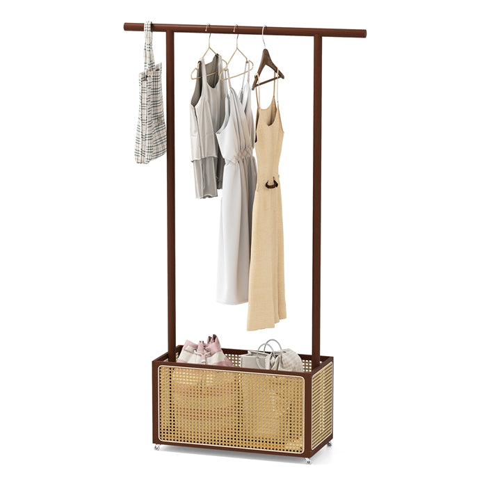 Giantex Bamboo Rolling Garment Rack with Rattan Storage Basket for Hallway Living Room Bedroom