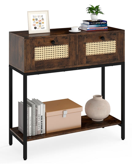 Console géante en rotin bohème de 81 cm avec 2 tiroirs et cadre en métal