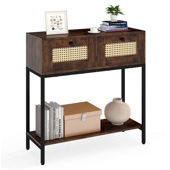 Console géante en rotin bohème de 81 cm avec 2 tiroirs et cadre en métal