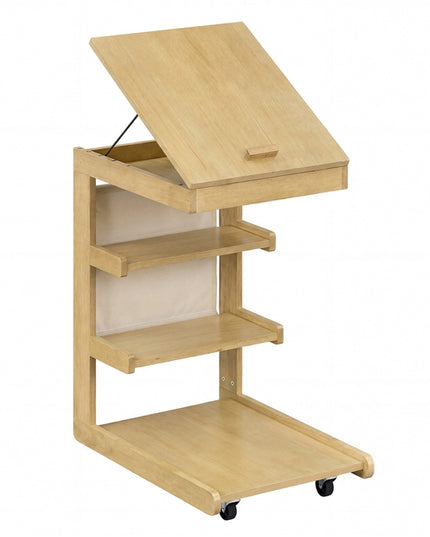 Giantex C-Shaped End Table with Wheels Adjustable Desktop Edge Stopper & 3 Storage Shelves