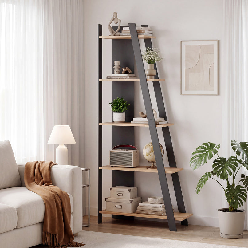 Giantex 4/5-Tier Bookshelf Narrow Wooden Vertical Trapezoidal Bookcase