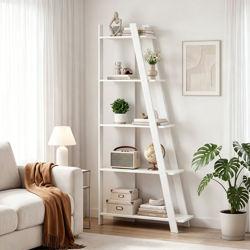 Giantex 4/5-Tier Bookshelf Narrow Wooden Vertical Trapezoidal Bookcase