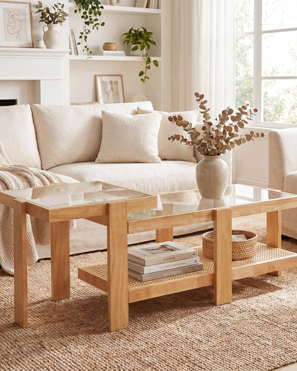 Giantex Nesting Coffee Table Set of 2 with Tempered Glass Top & Solid Rubber Wood Frame