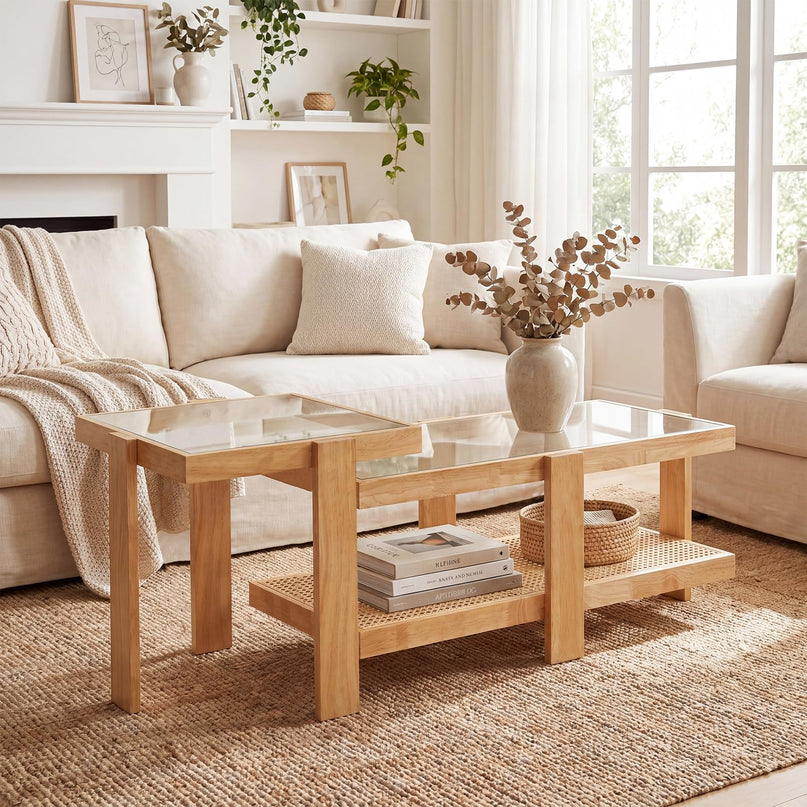 Giantex Nesting Coffee Table Set of 2 with Tempered Glass Top & Solid Rubber Wood Frame