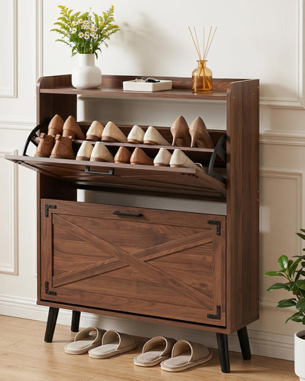 Giantex Farmhouse Shoe Storage Cabinet with 2 Flip Drawers for Entryway