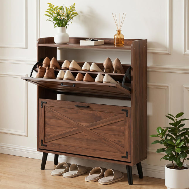 Giantex Farmhouse Shoe Storage Cabinet with 2 Flip Drawers for Entryway