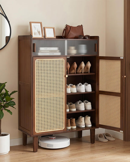 Giantex Bamboo Shoe Cabinet w/Woven Rattan Doors and Shelves & Sliding Doors
