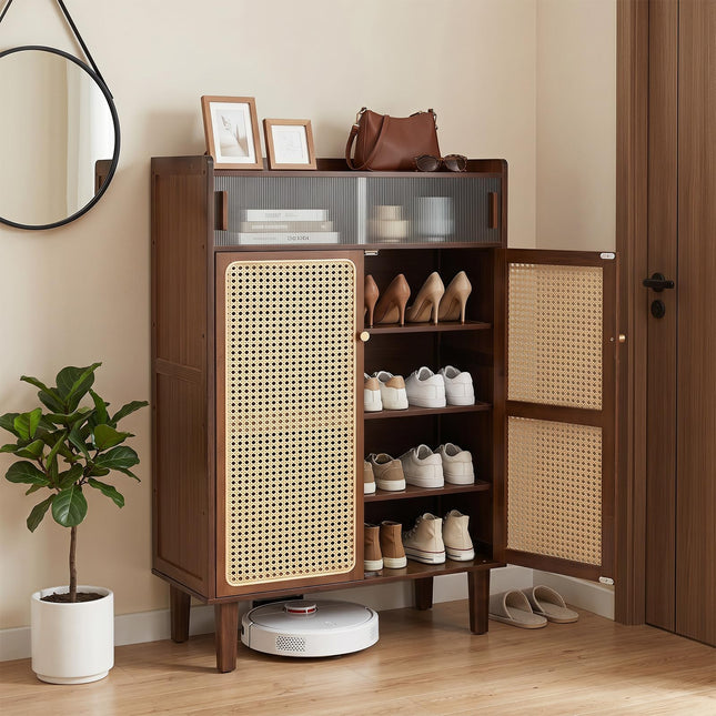 Giantex Bamboo Shoe Cabinet w/Woven Rattan Doors and Shelves & Sliding Doors