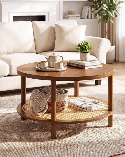 Giantex Rattan Coffee Table with Storage & Solid Rubber Wood Legs