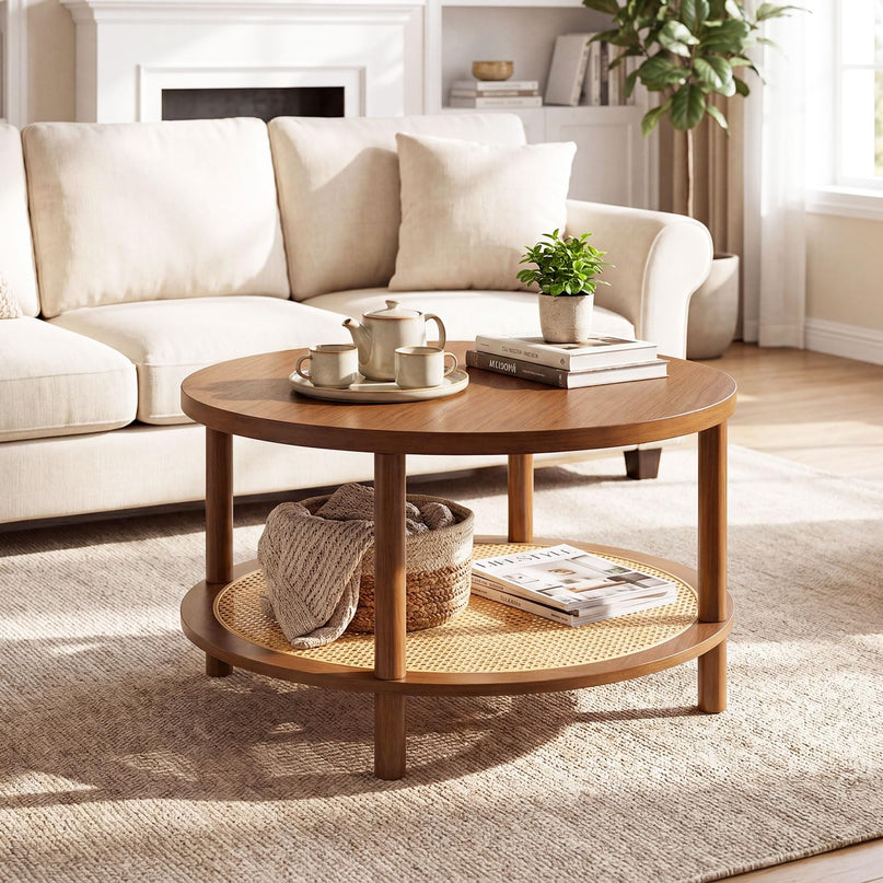 Giantex Rattan Coffee Table with Storage & Solid Rubber Wood Legs